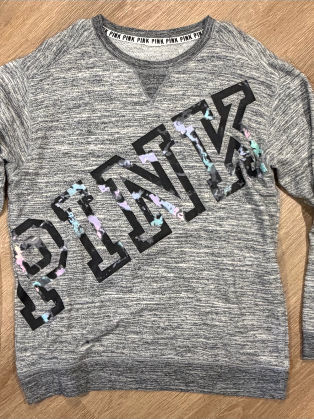 PINK Victoria's Secret Heather Gray Crew Pullover with Pastel Logo